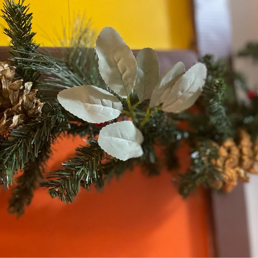 9 foot gold and silver faux evergreen garland, pine cones, berries